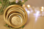 om designed embossed brass puja plate