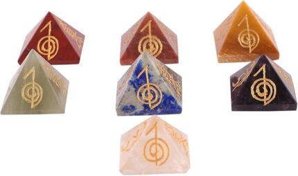 Aatm Natural Gemstone Pyramid Set of 7 – 1 Inch Chakra Healing Stones, Reiki Engraved, Vaastu Protection, Crystal Energy, Wellness & Feng Shui Decor