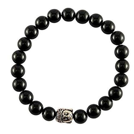 Aatm Natual Healing Gemstone Black Onyx Buddha Beaded Charm Bracelet For Healing and Meditation (Beads Size - 7-8 mm) -
