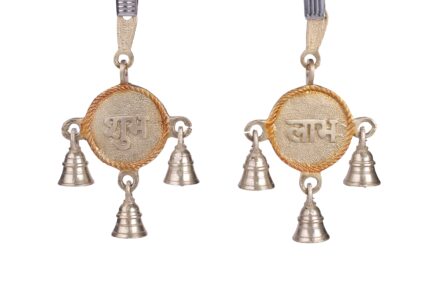 Aatm Brass Shubh Labh Hanging Bells | Set of 2 Antique Door Ghanti for Home Temple Wall Décor | Handcrafted Puja Bells for Good Luck, Vastu, Diwali Gifting – Golden Finish