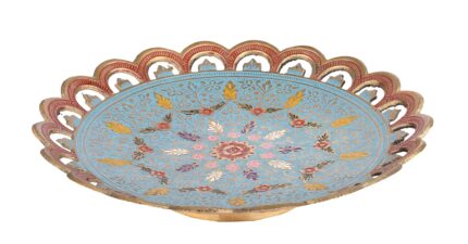 Aatm Handcrafted Brass Serving Fruit Bowl with Blue Meenakari Detailing | 4 x 19 x 19 cm, 490g | Decorative Bowl for Home Decor, Dining & Traditional Gifting