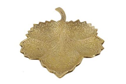 Aatm Decorative Brass Leaf-Embossed Tray Figurine | Handcrafted Brass Statue | 198g Elegant Table Accent | Stylish Home & Office Décor Use | Ideal for Living Room, Entryway, Workspace & Gifting