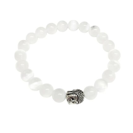 Aatm White Crystal Selenite Buddha Beaded Unisex Bracelet | Crown Chakra Stone for Peace & Clarity | Natural White Crystal Beads Stretchable Reiki Bracelet With Authenticity Certificate