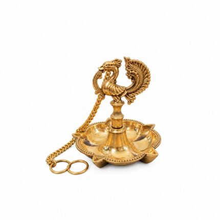 Aatm Brass Hanging Peacock Diya, 10 Inch with Chain, 111 g, Pooja Decor