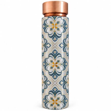 Aatm Designer Copper Water Bottle 1L with Traditional Floral Pattern, Reusable Decorative Bottle for Home, Office & Gifting, 10 Inch
