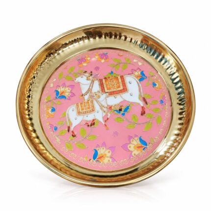 Aatm Kamadhenu Designer Pooja Plate 6 Inch, Steel Brass costed Decorative Thali