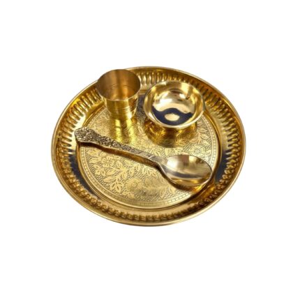 Aatm Brass Bhog Thali Set 4 Pc | Traditional Designed Puja Thali 5 Inch Diameter | Ideal for Return Gift, Karwa Chauth & Wedding