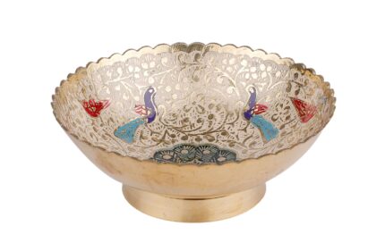 Aatm Handcrafted Brass Fruit Bowl | Cream Meenakari Detailing | 4 x 10 x 10 cm, 90g | Decorative Elegant Bowl for Serving Snacks, Home Décor & Traditional Gifting