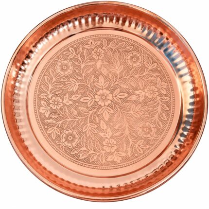 Aatm 6 Inch Designer Floral Copper Plate, Engraved Decorative Pooja Plate