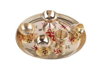 Aatm Brass Pooja Thali Set | Traditional Plate with Diya, Bell, Agarbatti Holder, Bowl & Glass | 6-Piece Set (Without Box) | Ideal for Diwali, Karwa Chauth, Navratri & Gift Giving